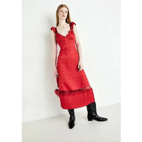 Free People Foolish Heart Bow-Pattern Lace Red Midi Dress - Picture 6 of 13